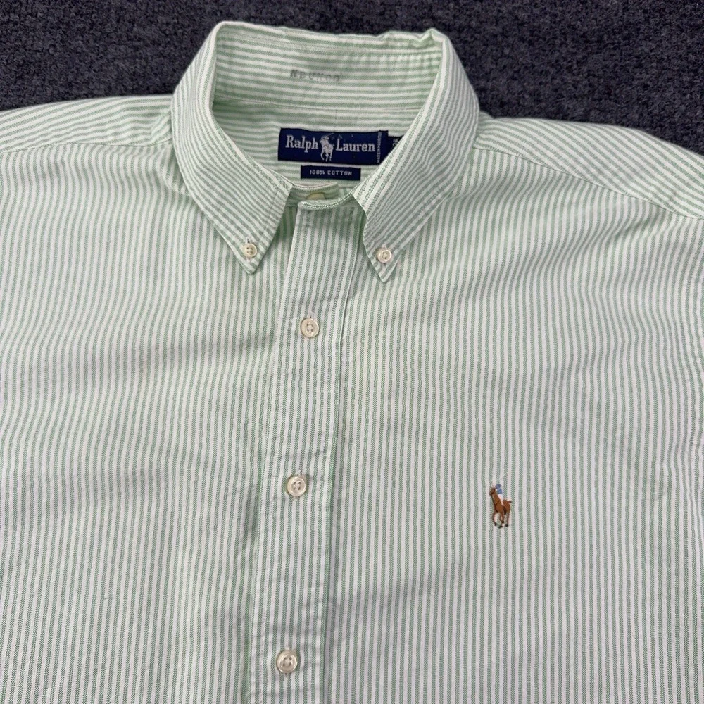 POLO RALPH LAUREN Long Sleeve‎ Shirt Mens 17-36 Green Stripe Flesh Pony *